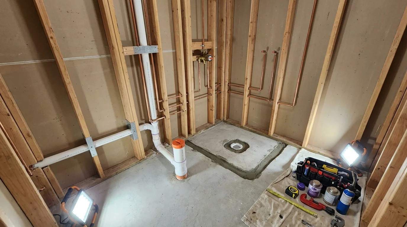 Bathroom rough-in plumbing during remodel by Johns Plumbing LLC in Maytown