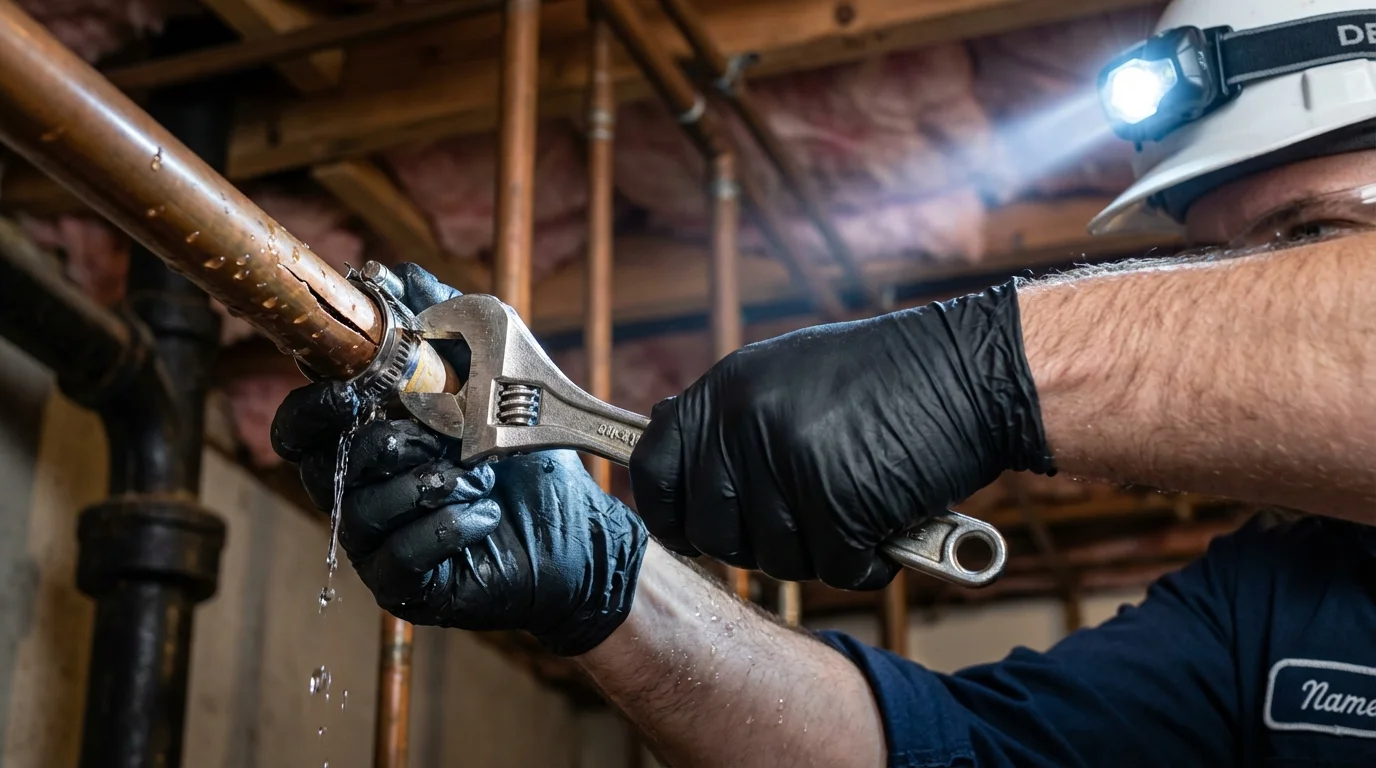 Emergency pipe clamp repair being performed by a Johns Plumbing LLC plumber in Maytown