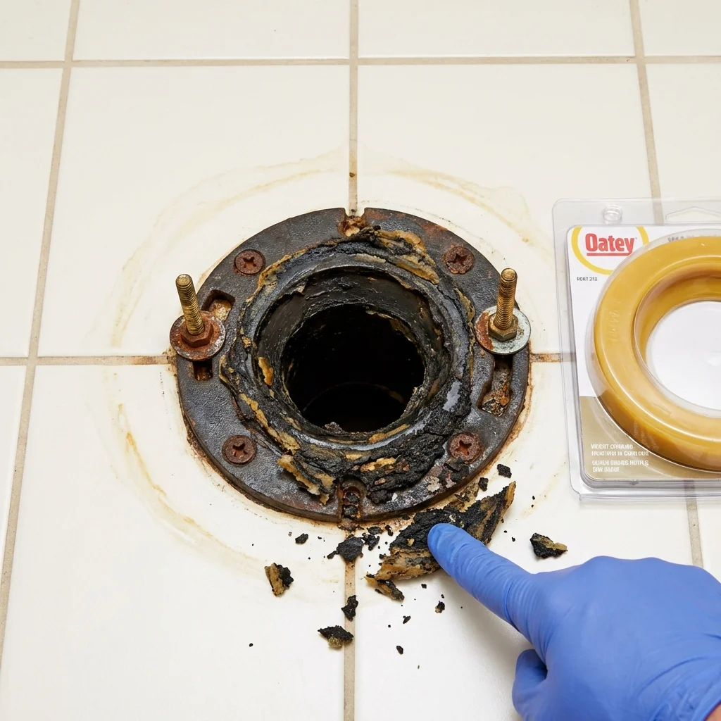 Failed wax ring showing water seepage at the base of a toilet in a Maytown, PA home