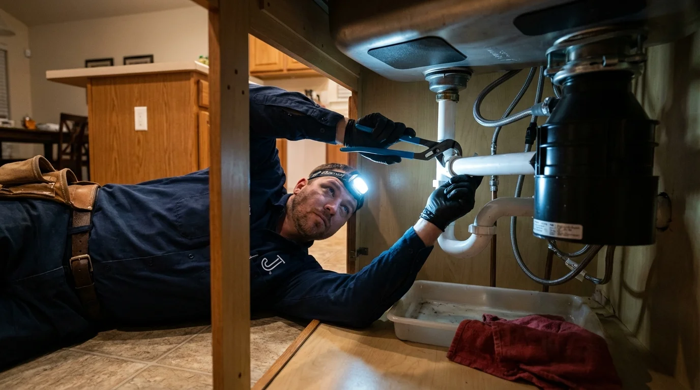 P-trap and supply line connections under a kitchen sink showing a common leak point in Maytown, PA